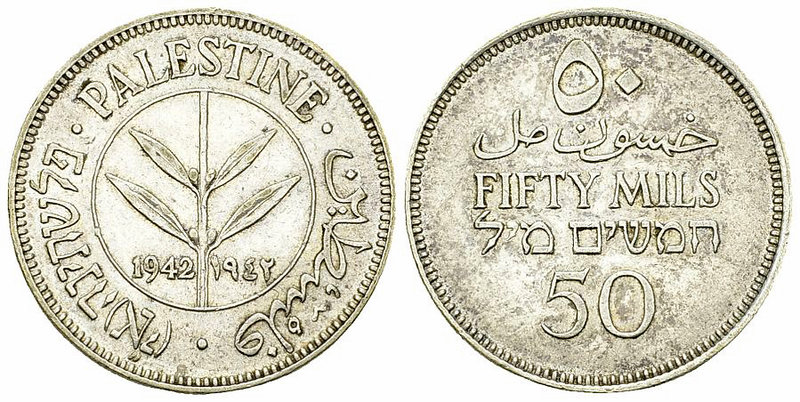 Palestine AR 50 Mils 1942 

Palestine. AR 50 Mils 1942 (5.79 g).
KM 6.

Ext...