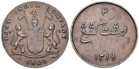 Sumatra CU 4 Kepings 1804 

Sumatra. East India Company. CU 4 Kepings AH 1219 (1804) (8.39 g).
KM 266.

Very fine.