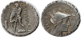 Römische Münzen, MÜNZEN DER RÖMISCHEN KAISERZEIT. C. Poblicius Q. f. AR Serrate Denar. Rom, 80 v. Chr, Behelmte und drapierte Büste von Roma rechts, R...