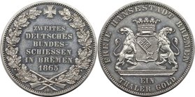 Altdeutsche Münzen und Medaillen, BREMEN - STADT. Zweites Deutsches Bundesschiessen. Taler 1865, Silber. AKS 16. Stempelglanz