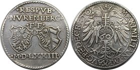 Altdeutsche Münzen und Medaillen, NÜRNBERG, STADT. Guldentaler (60 Kreuzer) 1573, mit Titel Maximilians II. Silber. Dav. 82, Kellner 142. Sehr schön+...