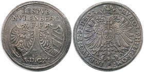 Altdeutsche Münzen und Medaillen, NÜRNBERG, STADT. Guldentaler (60 Kreuzer) 1611, mit Titel Rudolfs II. Silber. Dav. 89. Fast Vorzüglich, Schrötlingsf...