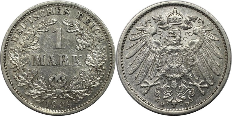 Deutsche Münzen und Medaillen ab 1871, REICHSKLEINMÜNZEN. 1 Mark 1909 D, Silber....