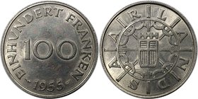 Deutsche Münzen und Medaillen ab 1871, DEUTSCHE NEBENGEBIETE. Saarland. 100 Franken 1955, Kupfer-Nickel. Jaeger 804. Stempelglanz