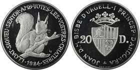 Europäische Münzen und Medaillen, Andorra. 20 Diners 1984, 0.43 OZ. Silber. 0.43 OZ. KM 23. Polierte Platte