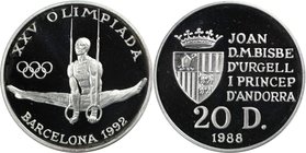 Europäische Münzen und Medaillen, Andorra. "1992 Olympische Sommerspiele in Barcelona". 20 Diners 1988, Silber. 0.43 OZ. KM 48. Stempelglanz