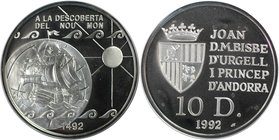 Europäische Münzen und Medaillen, Andorra. 500. Jahrestag der Entdeckung Amerikas. 10 Diners 1992, Silber. 0.93 OZ. KM 78. Polierte Platte