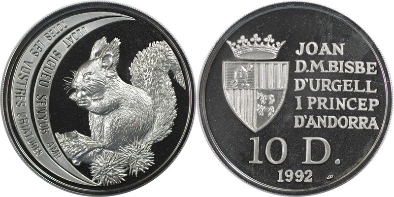 Europäische Münzen und Medaillen, Andorra. Eichhörnchen. 10 Diners 1992, Silber....