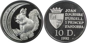 Europäische Münzen und Medaillen, Andorra. Eichhörnchen. 10 Diners 1992, Silber. 0.93 OZ. KM 74. Polierte Platte