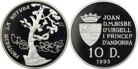 Europäische Münzen und Medaillen, Andorra. Baum und Vogelschwarm. 10 Diners 1993, Silber. 0.94 OZ. KM 84. Polierte Platte