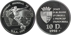 Europäische Münzen und Medaillen, Andorra. Fußball WM 1994 in USA. 10 Diners 1993, Silber. 0.94 OZ. KM 86. Polierte Platte