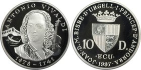 Europäische Münzen und Medaillen, Andorra. Komponist Antonio Vivaldi (1678-1741). 10 Diners 1997, Silber. 0.94 OZ. KM 133. Polierte Platte
