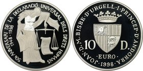 Europäische Münzen und Medaillen, Andorra. Menschenrechte. 10 Diners 1998, Silber. KM 143. Polierte Platte