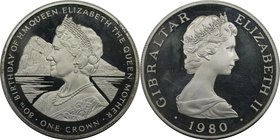 Europäische Münzen und Medaillen, Gibraltar. Geburtstag Königinmutter Elizabeth. 1 Crown 1980, Silber. 0.84 OZ. KM 11a. Polierte Platte.