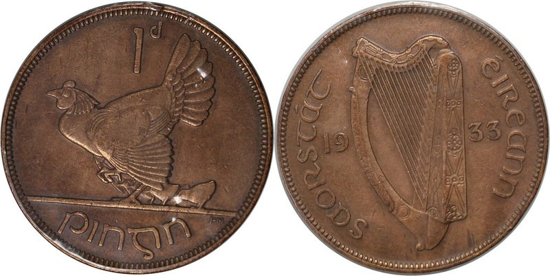 Europäische Münzen und Medaillen, Irland / Ireland. Henne mit Küken. Penny 1933,...