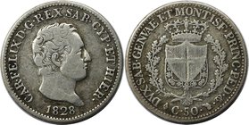 Europäische Münzen und Medaillen, Italien / Italy. Sardinia. Carlo Felice. 50 Centesimi 1828, Silber. KM 124.1. Sehr schön+