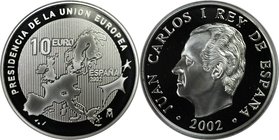 Europäische Münzen und Medaillen, Spanien / Spain. EU-Ratspräsidentschaft. 10 Euro 2002, Silber. KM 1048. Polierte Platte