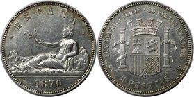 Europäische Münzen und Medaillen, Spanien / Spain. Provisorische Regierung (1868-1871). 5 Pesetas 1870, Silber. KM 655. Vorzüglich+