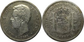 Europäische Münzen und Medaillen, Spanien / Spain. Amadeo I. 5 Pesetas 1871, Silber. 0.72 OZ. KM 666. Sehr Schön