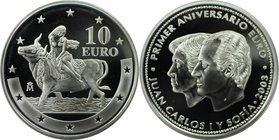 Europäische Münzen und Medaillen, Spanien / Spain. Europäische Währungsunion - Europa auf dem Stier. 10 Euro 2003, Silber. KM 1092. Polierte Platte...