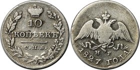 Russische Münzen und Medaillen, Nikolaus I. (1826-1855), Silber. 10 Kopeken 1827 SPB NG, Silber. Bitkin 144. Fast sehr schön