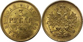 Russische Münzen und Medaillen, Alexander II. (1854-1881). 3 Rubel 1874 SPB NI, St. Petersburg. Gold. 3,88 g. Bitkin 36 (R). Fb. 164, Schl. 147. Vorzü...