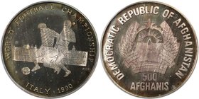 Weltmünzen und Medaillen, Afghanistan. Fußball WM 1990 Italien. 500 Afghanis 1990, Silber. 0.51 OZ. KM 1011. Polierte Platte
