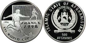 Weltmünzen und Medaillen, Afghanistan. Fußball WM. 500 Afghanis 1996, Silber. 0.64 OZ. KM 1027. Polierte Platte