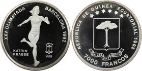 Weltmünzen und Medaillen, Äquatorial Guinea / Equatorial Guinea. Olympia 1992, Barcelona - Katrin Krabbe. 7000 Francos 1992, Silber. 0.34 OZ. KM 80. P...