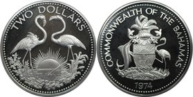 Weltmünzen und Medaillen, Bahamas. Flamingos. 2 Dollars 1974, Silber. 0.93 OZ. KM 66a. Polierte Platte