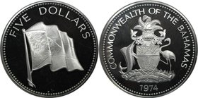 Weltmünzen und Medaillen, Bahamas. Nationalflagge. 5 Dollars 1974, Silber. 0.93 OZ. KM 67a. Polierte Platte