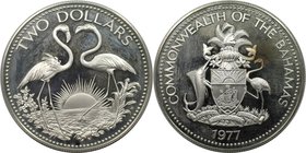 Weltmünzen und Medaillen, Bahamas. Flamingos. 2 Dollars 1977, Silber. 0.93 OZ. KM 66a. Polierte Platte