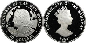Weltmünzen und Medaillen, Bahamas. Kolumbus. 10 Dollars 1990, Silber. 0.84 OZ. KM 133. Polierte Platte