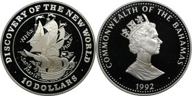 Weltmünzen und Medaillen, Bahamas. Segelschiff. 10 Dollars 1992, Silber. 0.84 OZ. KM 197. Polierte Platte