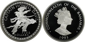 Weltmünzen und Medaillen, Bahamas. Berühmte Piraten - Howell Davis. 5 Dollars 1993, Silber. 0.69 OZ. KM 159. Polierte Platte