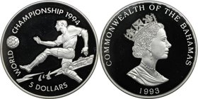 Weltmünzen und Medaillen, Bahamas. "Fußball-Weltmeisterschaft 1994". 5 Dollars 1993, Silber. 0.69 OZ. KM 169. Polierte Platte