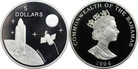 Weltmünzen und Medaillen, Bahamas. Space Shuttle und Satellit. 5 Dollars 1994, Silber. 1.0 OZ. KM 171. Polierte Platte