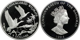 Weltmünzen und Medaillen, Bahamas. Endangered Wildlife - Black-billed pfeifende Ente. 5 Dollars 1994, Silber. 1.0 OZ. KM 172. Polierte Platte