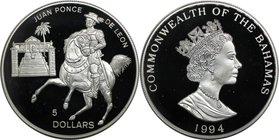 Weltmünzen und Medaillen, Bahamas. Juan Ponce De Leon. 5 Dollars 1994, Silber. 0.94 OZ. KM 173. Polierte Platte