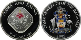 Weltmünzen und Medaillen, Bahamas. Farbmünze. Hibiskus. 2 Dollars 1995, Silber. KM 164. Polierte Platte