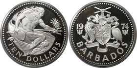 Weltmünzen und Medaillen, Barbados. Neptun mit Fisch und Dreizack. 10 Dollars 1974, Silber. 1.13 OZ. KM 17a. Polierte Platte, Patina. Fingerabdrücke. ...