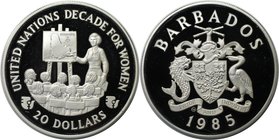 Weltmünzen und Medaillen, Barbados. Jahrzehnt der Frau. 20 Dollars 1985, Silber. 0.69 OZ. KM 46. Polierte Platte. Patina. Fingerabdrücke.