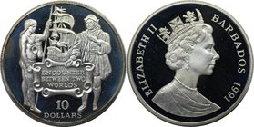 Weltmünzen und Medaillen, Barbados. Entdeckung von Amerika. 10 Dollars 1991, Silber. 0.7 OZ. KM 52. Polierte Platte