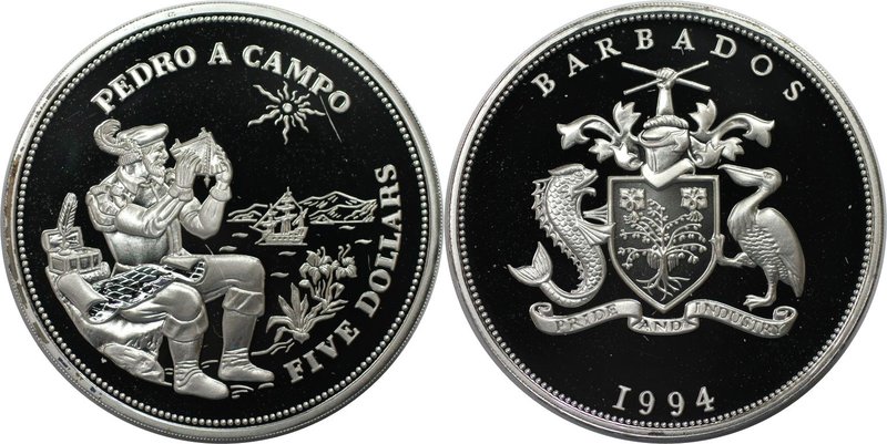 Weltmünzen und Medaillen, Barbados. Pedro A. Campo. 5 Dollars 1994, Silber. 0.85...