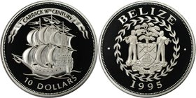 Weltmünzen und Medaillen, Belize. Carrack 16. Jahrhundert - Segelschiff. 10 Dollars 1995, Silber. 0.84 OZ. KM 124. Polierte Platte