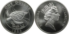 Weltmünzen und Medaillen, Bermuda. 25 Jahre WWF - Suppen Schildkröte. 1 Dollar 1986, Silber. 0.84 OZ. KM 49a. Stempelglanz