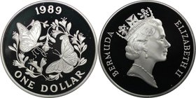Weltmünzen und Medaillen, Bermuda. Monarchfalter. 1 Dollar 1989, Silber. 0.84 OZ. KM 61a. Polierte Platte
