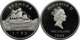 Weltmünzen und Medaillen, Bermuda. 200 Jahre Münzgeschichte, Segelschiff. 2 Dollars 1993, Silber. 0.68 OZ. KM 81. Polierte Platte