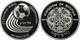 Weltmünzen und Medaillen, Bhutan. Ball mit Schweif. 300 Ngultrums 1993, Silber. 0.93 OZ. KM 78. Polierte Platte. Fingerabdrücke