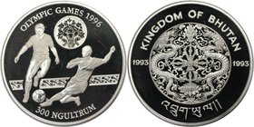 Weltmünzen und Medaillen, Bhutan. Olympische Spiele Atlanta 1996 - Fußball. 300 Ngultrums 1993, Silber. 0.93 OZ. KM 79. Polierte Platte